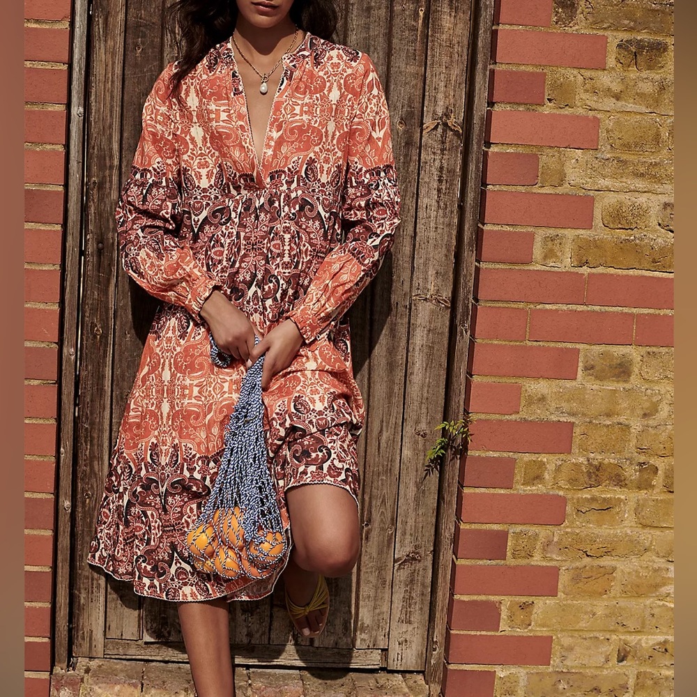 Agua Bendita Orange and Brown Mini Dress